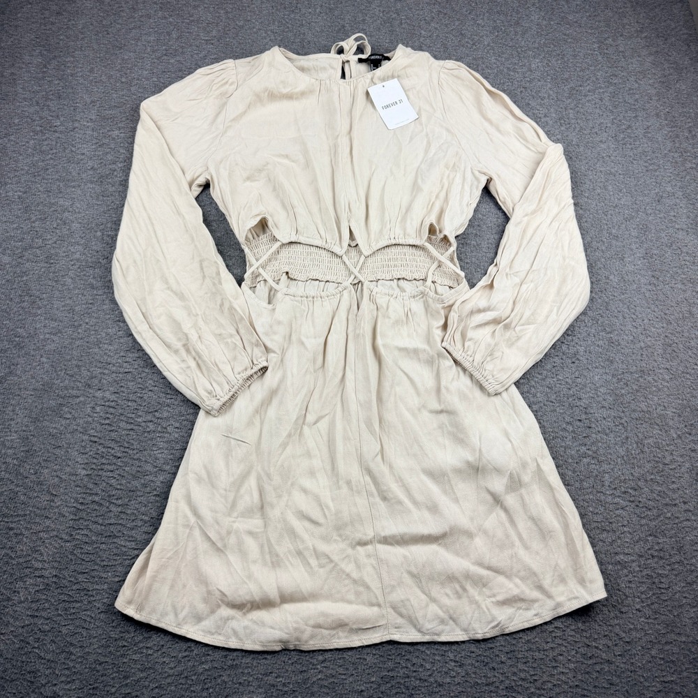 Forever 21 Cream Cutout Waist Long Sleeve Mini Dress Size Medium NWT